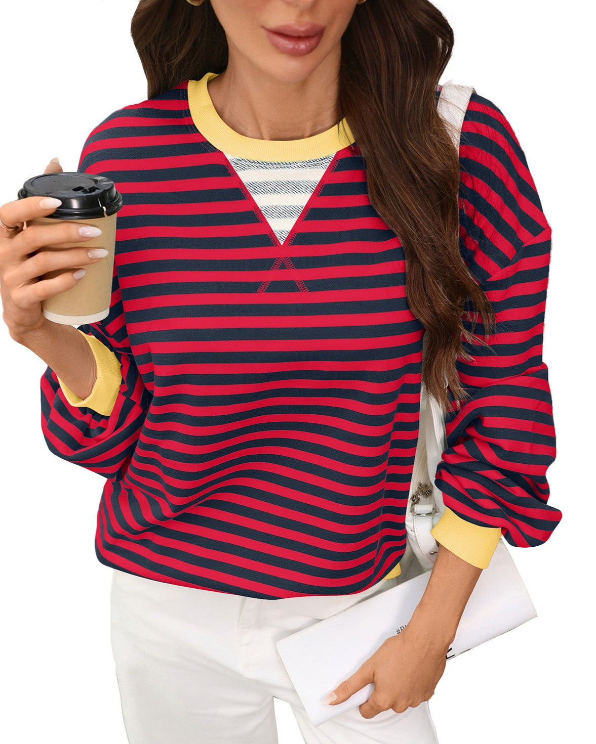 Contrast Rib Striped Drop Shoulder Sweatshirt - Red