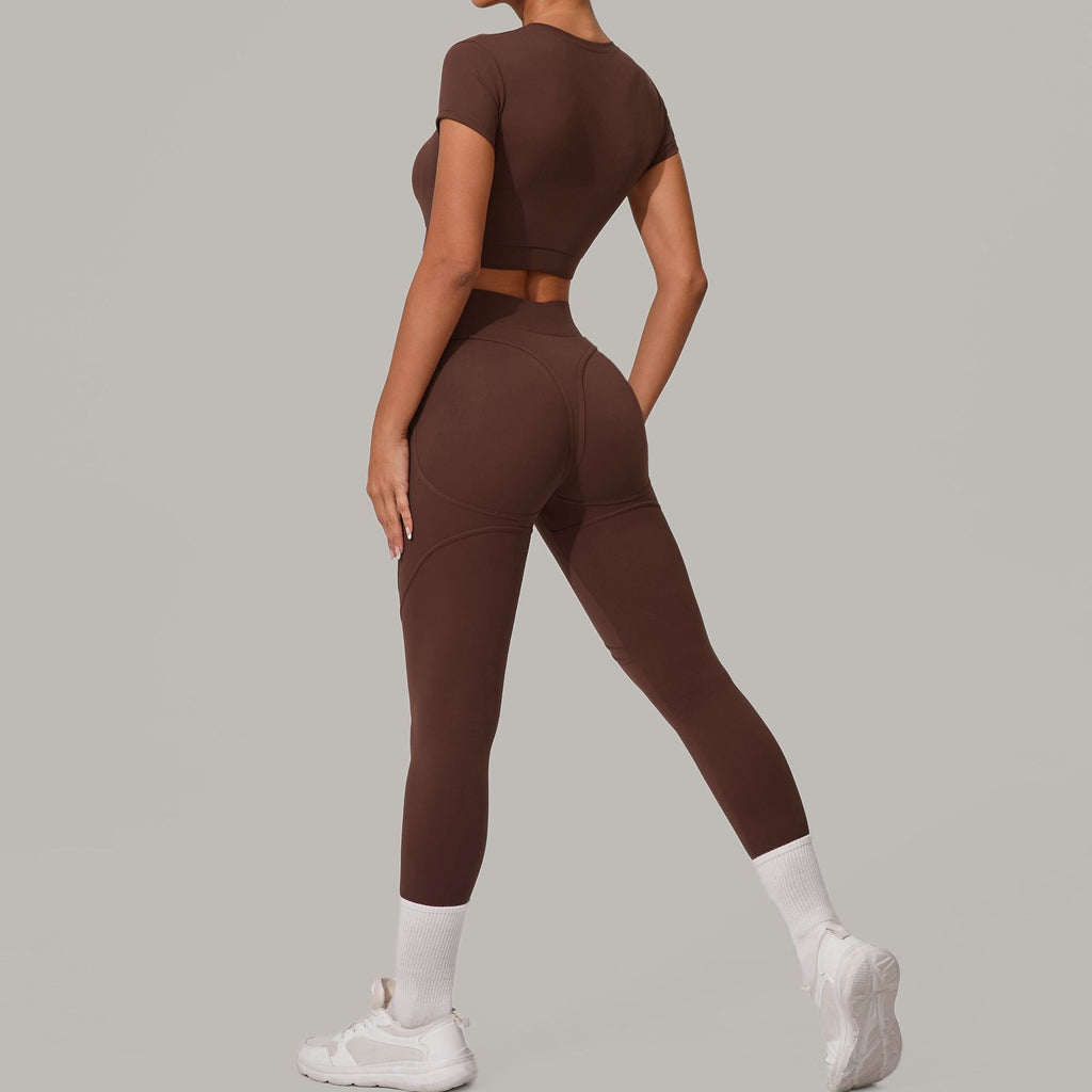 Brushed Crop Tee High Waist Workout Leggings Set - Coffee