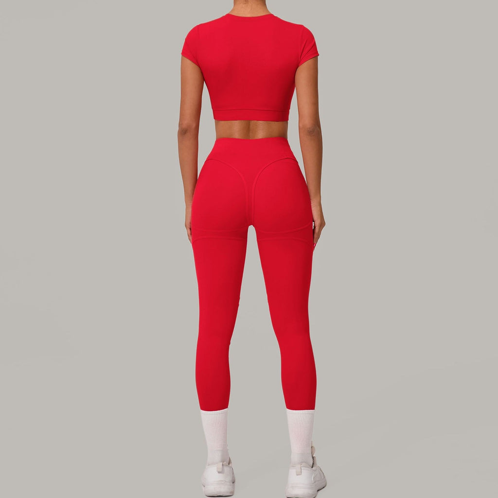 Brushed Crop Tee High Waist Workout Leggings Set - Red