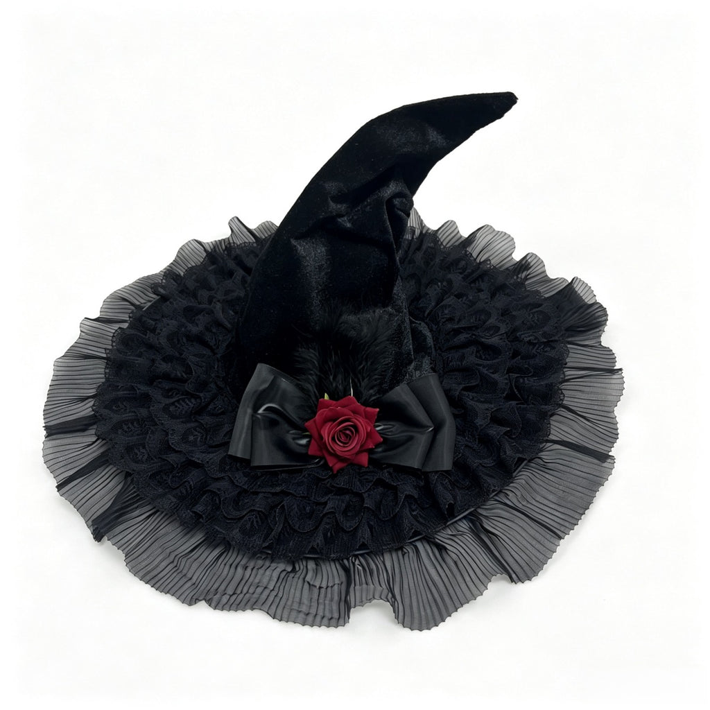 Velvet Witch Hat With Pleated Tulle Brim - Black