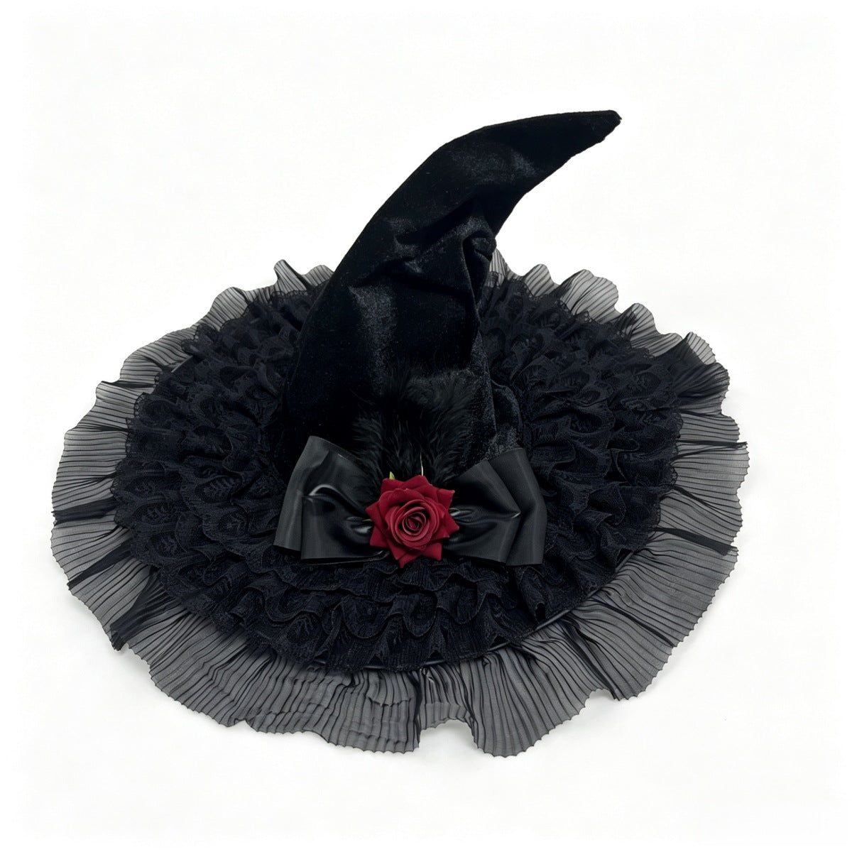 Velvet Witch Hat With Pleated Tulle Brim - Black