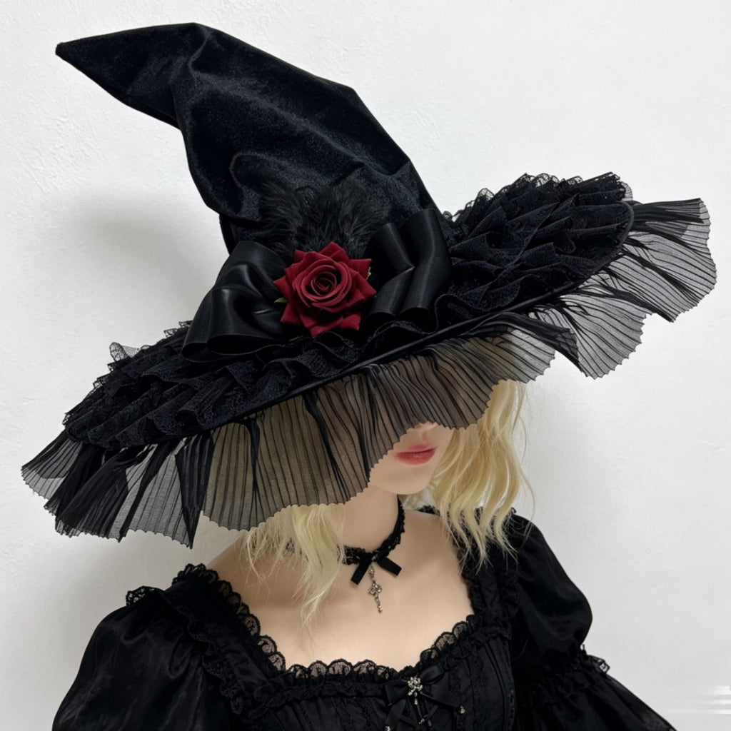 Velvet Witch Hat With Pleated Tulle Brim - Black - 1