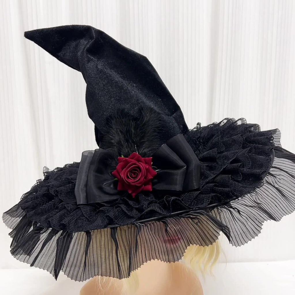 Velvet Witch Hat With Pleated Tulle Brim - Black - 2