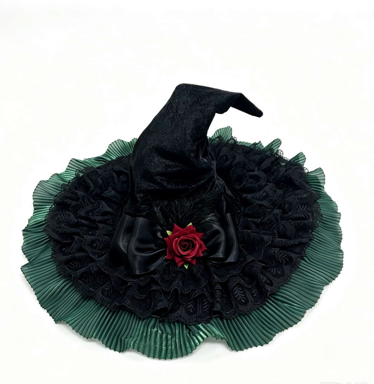 Velvet Witch Hat With Pleated Tulle Brim - Green