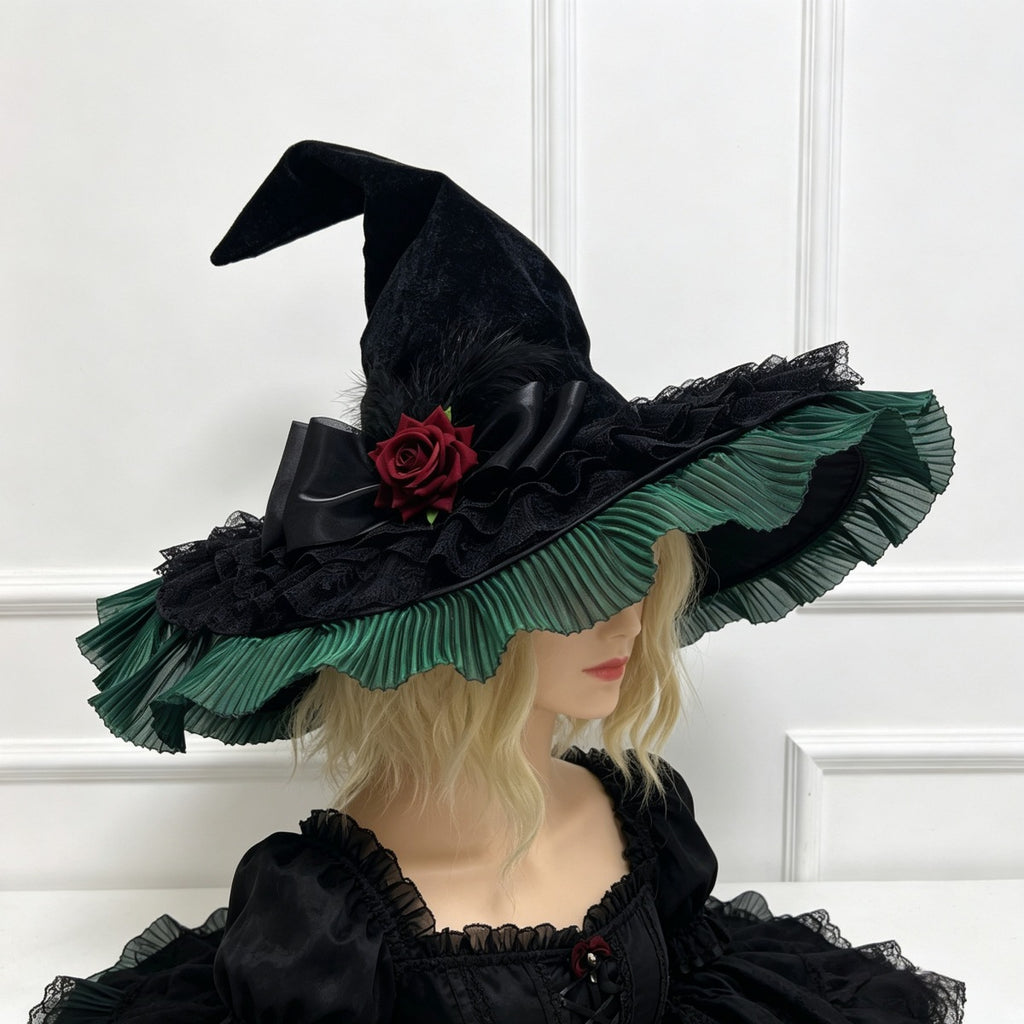 Velvet Witch Hat With Pleated Tulle Brim - Green - 1