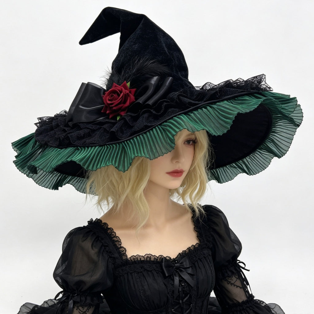 Velvet Witch Hat With Pleated Tulle Brim - Green - 2
