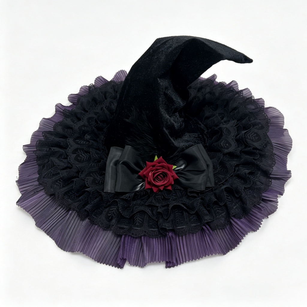 Velvet Witch Hat With Pleated Tulle Brim - Purple - 1