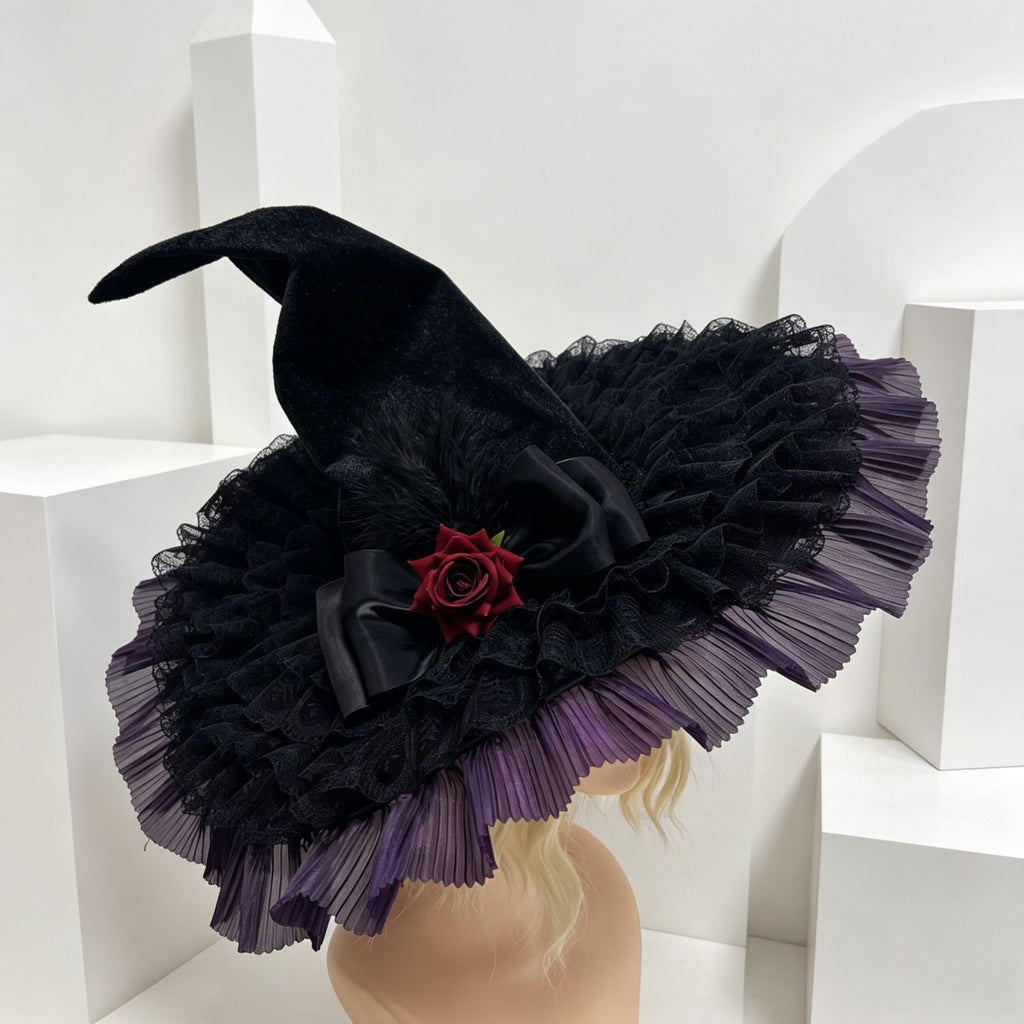 Velvet Witch Hat With Pleated Tulle Brim - Purple - 2