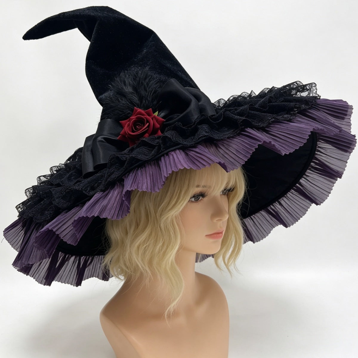 Velvet Witch Hat With Pleated Tulle Brim - Purple - 3