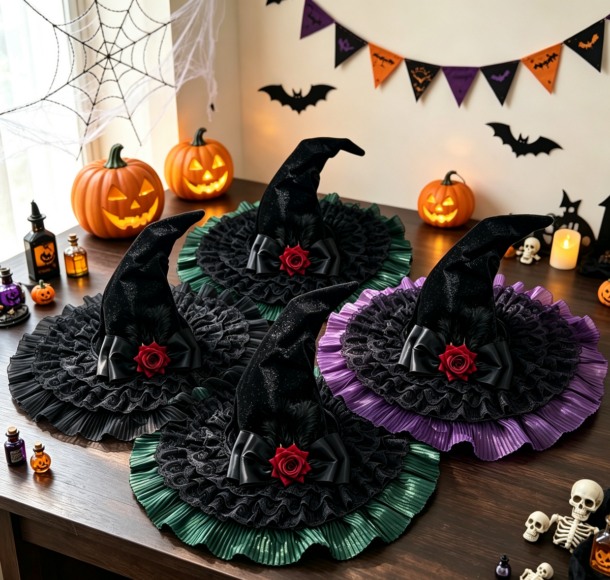 Velvet Witch Hat With Pleated Tulle Brim