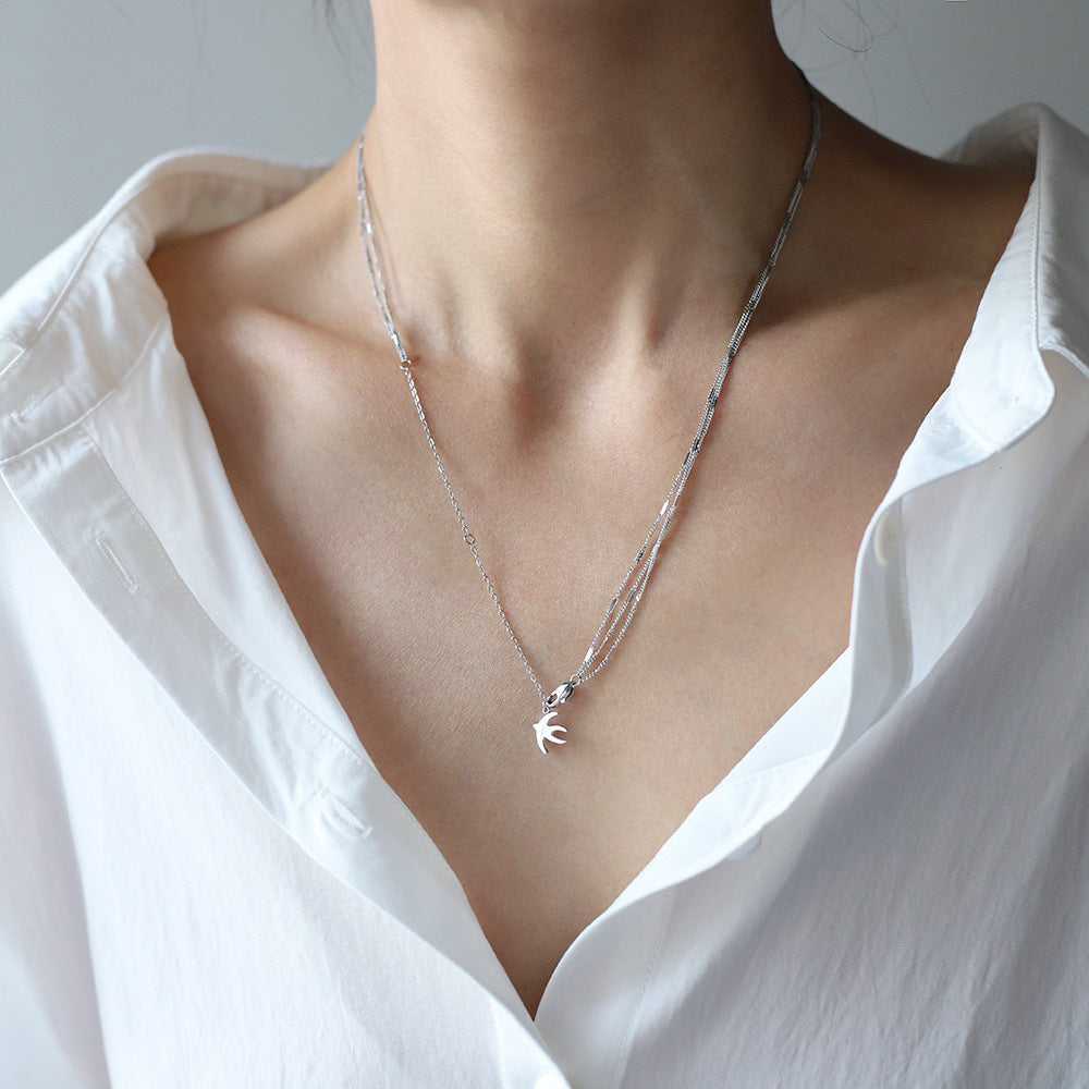 Swallow Charm Layered Drop Chain Necklace - Silvery