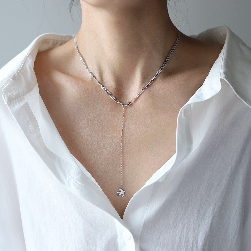 Swallow Charm Layered Drop Chain Necklace - Silvery - 4