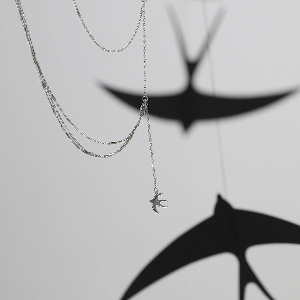 Swallow Charm Layered Drop Chain Necklace - Silvery - 5