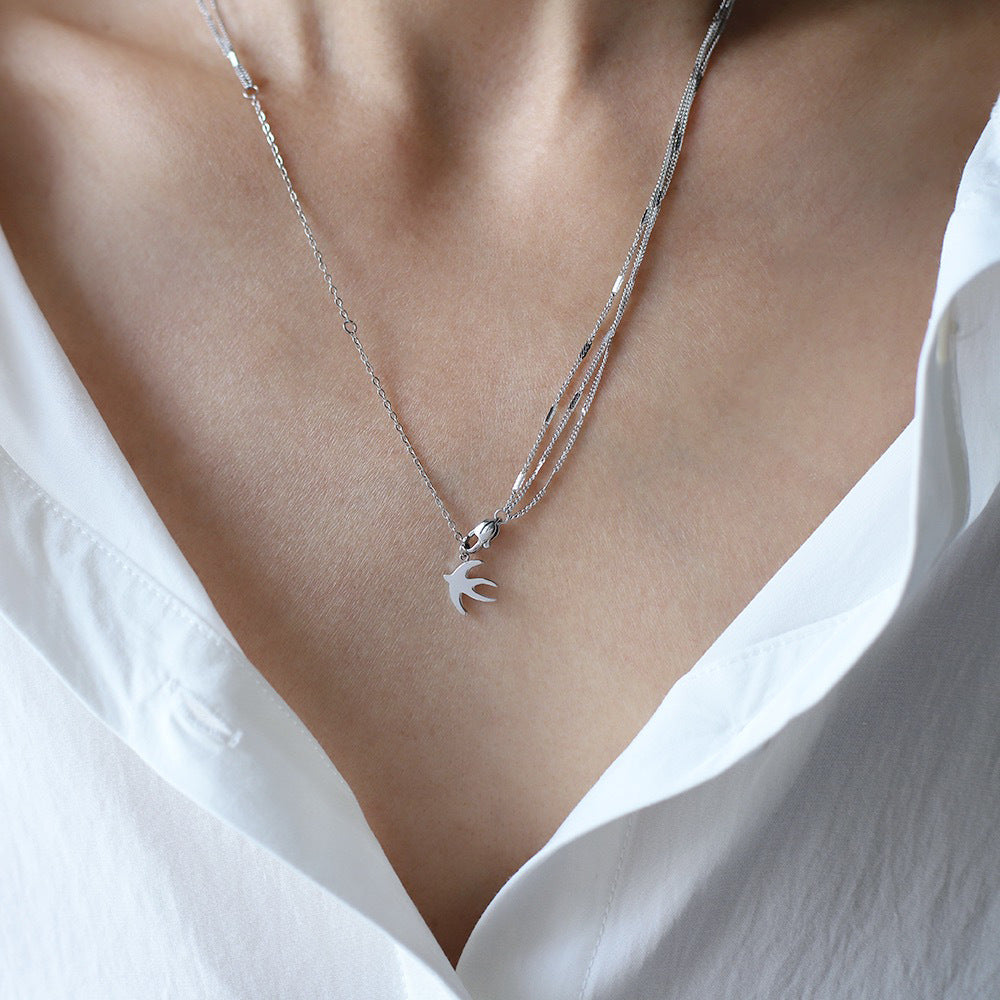 Swallow Charm Layered Drop Chain Necklace - Silvery - 6