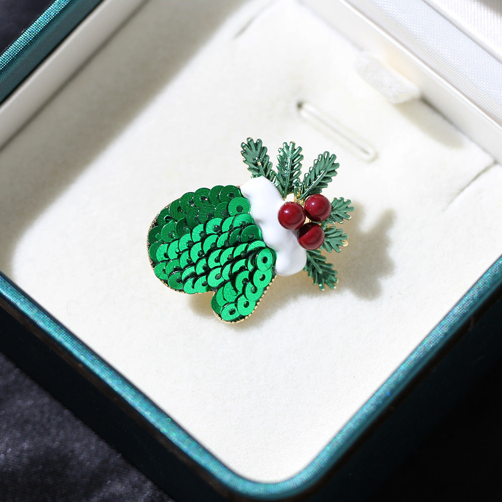 Sequin Mitten Holly Christmas Brooch - Green