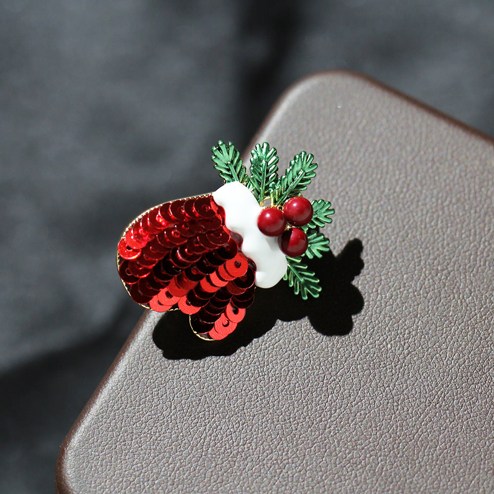 Sequin Mitten Holly Christmas Brooch - Red