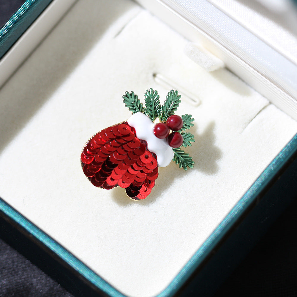 Sequin Mitten Holly Christmas Brooch - Red - 1