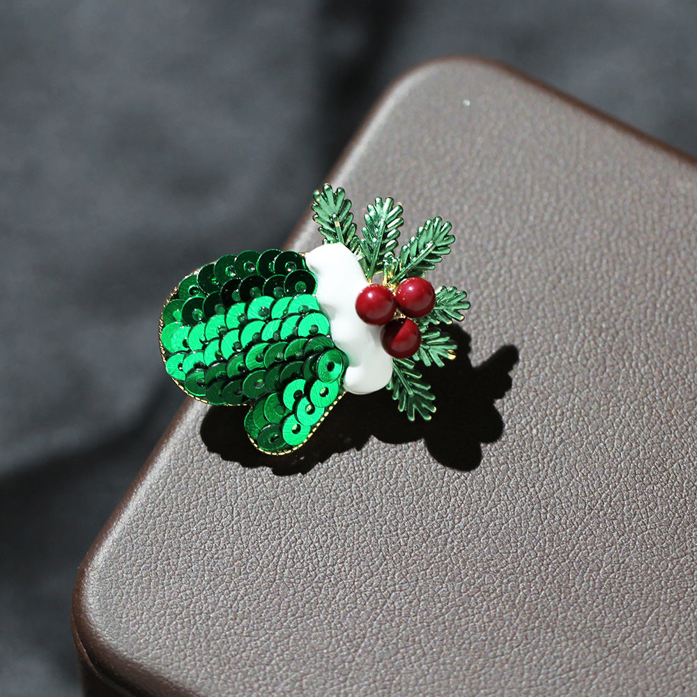 Sequin Mitten Holly Christmas Brooch