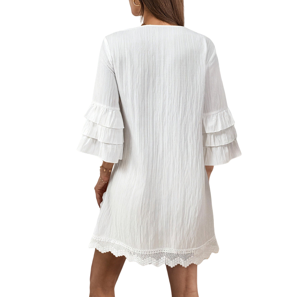 Pom Pom Trim Tiered Sleeve Boho Dress - view 1