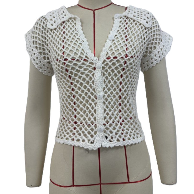 Crochet Collared Short Sleeve Beach Cover Up - White