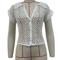 Crochet Collared Short Sleeve Beach Cover Up - White