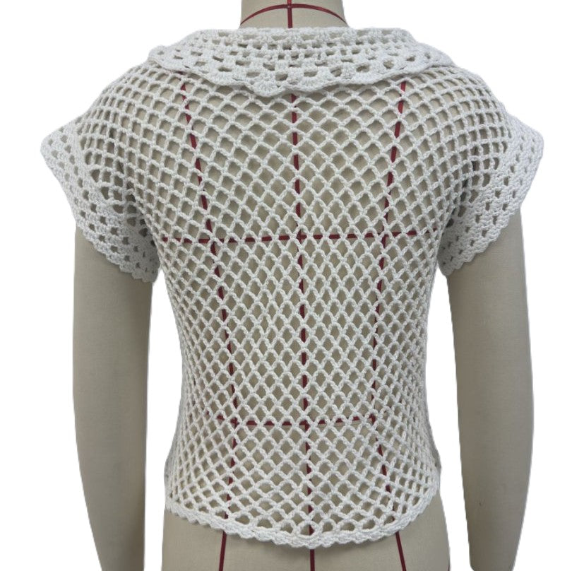 Crochet Collared Short Sleeve Beach Cover Up - White - 1
