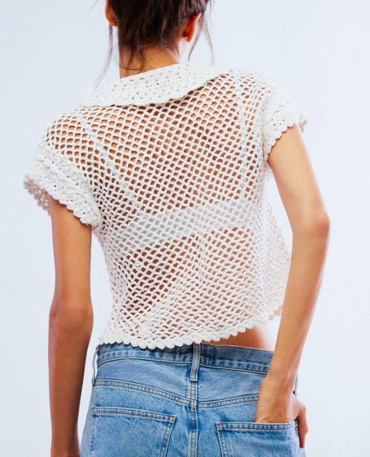 Crochet Collared Short Sleeve Beach Cover Up - White - 3