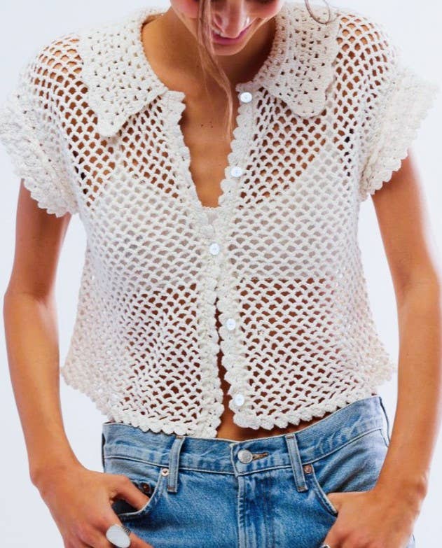 Crochet Collared Short Sleeve Beach Cover Up