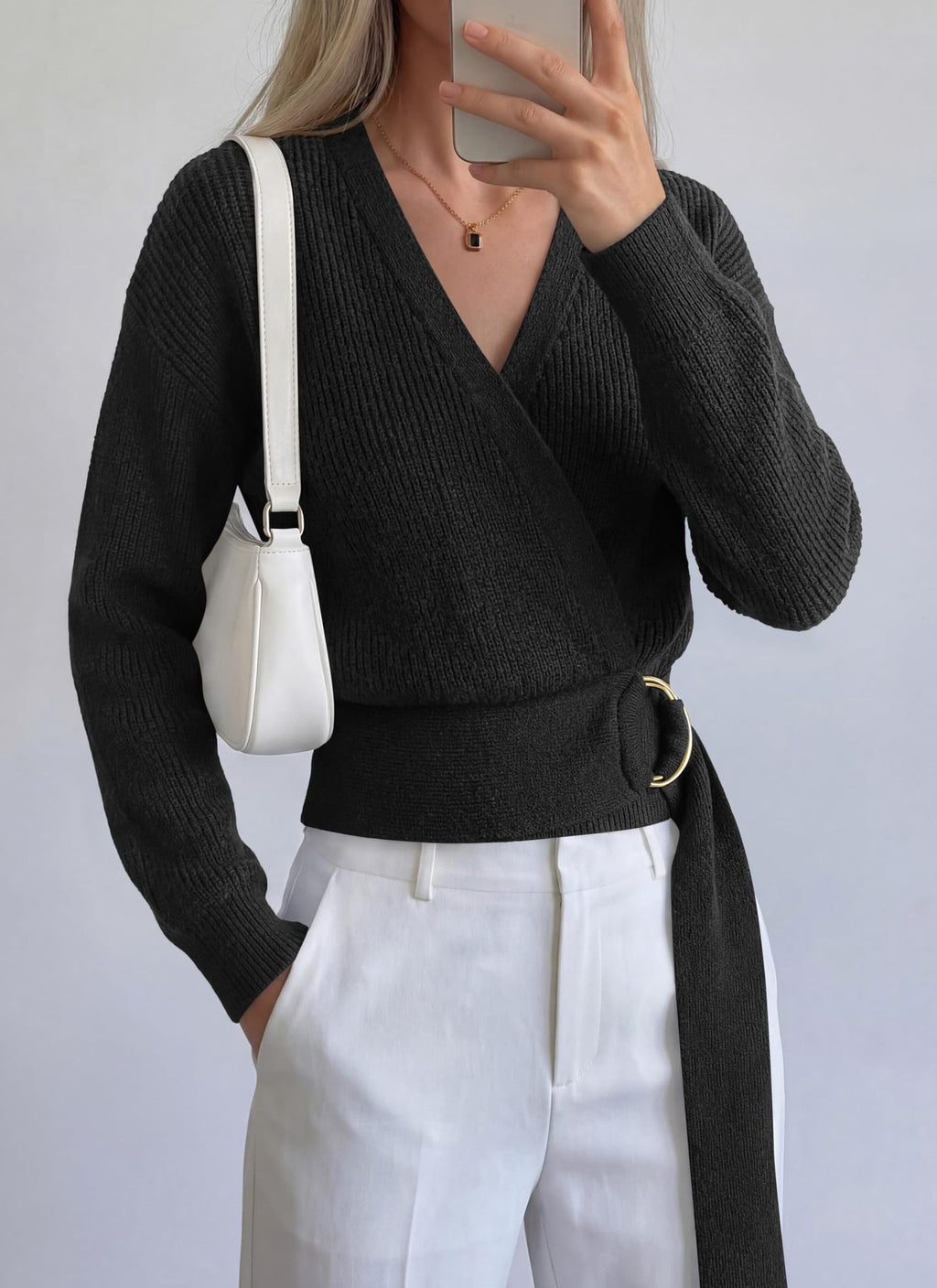 Surplice Wrap Knit Top With Ring Belt - Black
