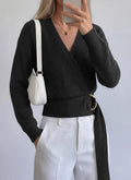 Surplice Wrap Knit Top With Ring Belt - Black