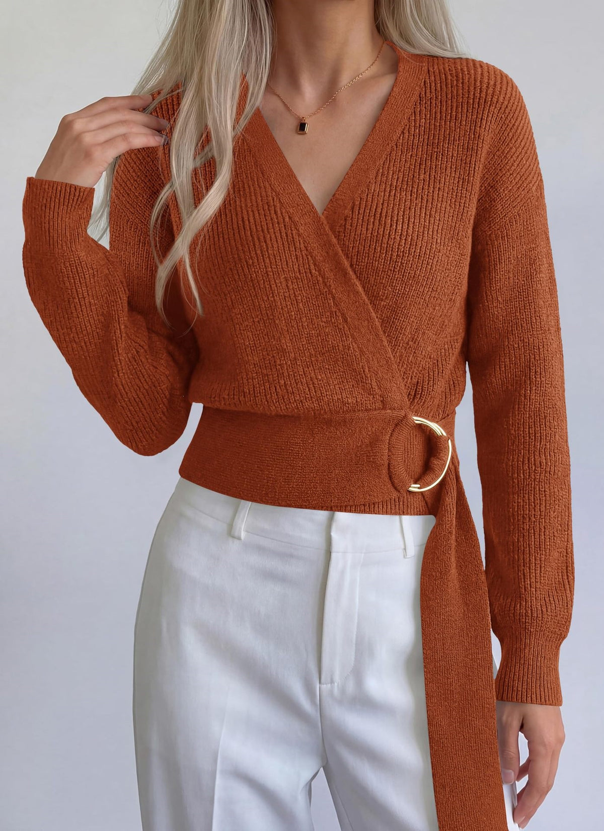 Surplice Wrap Knit Top With Ring Belt - Caramel