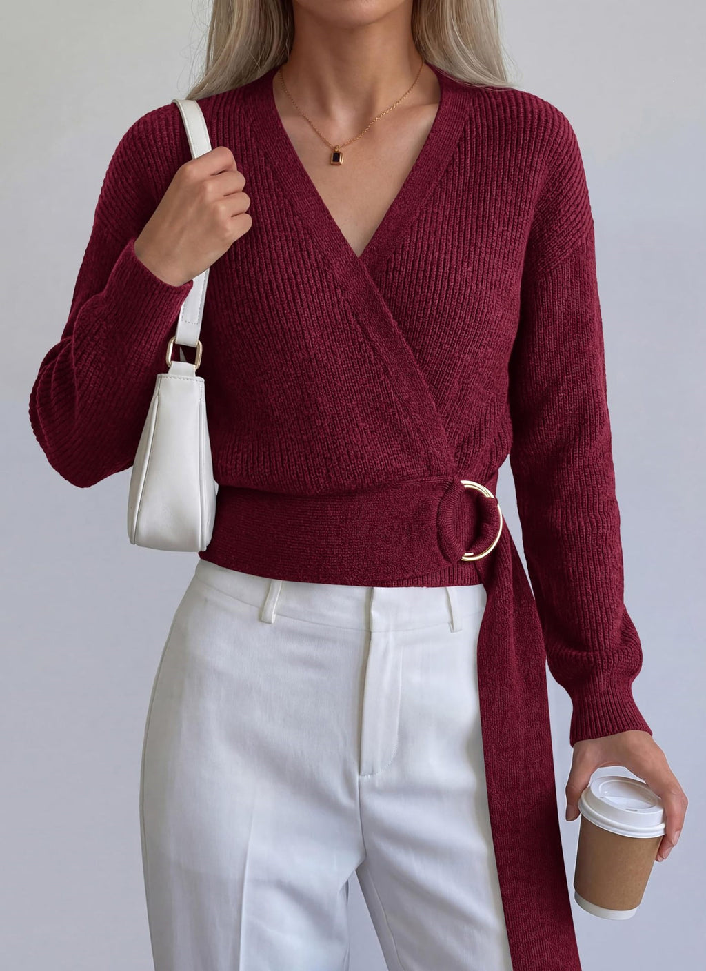 Surplice Wrap Knit Top With Ring Belt - Winered