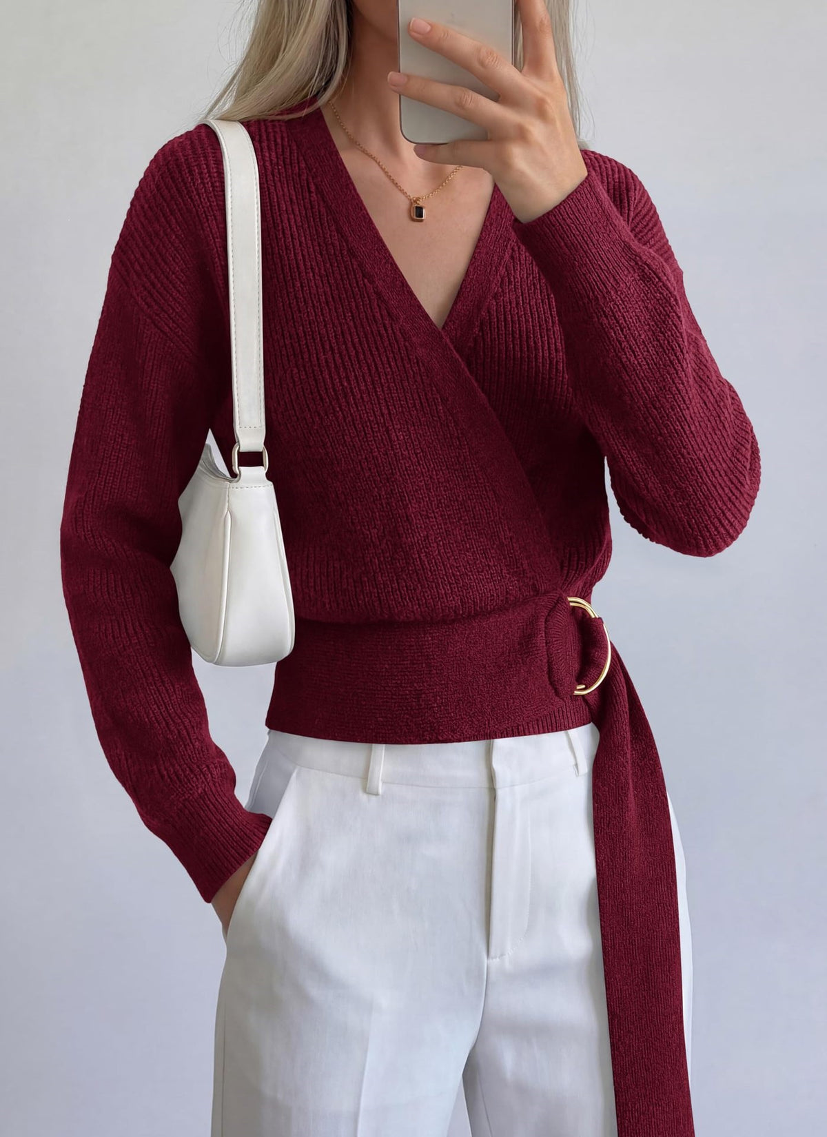 Surplice Wrap Knit Top With Ring Belt - Winered - 1