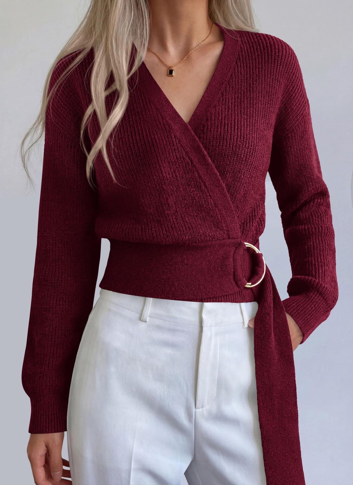 Surplice Wrap Knit Top With Ring Belt - Winered - 2