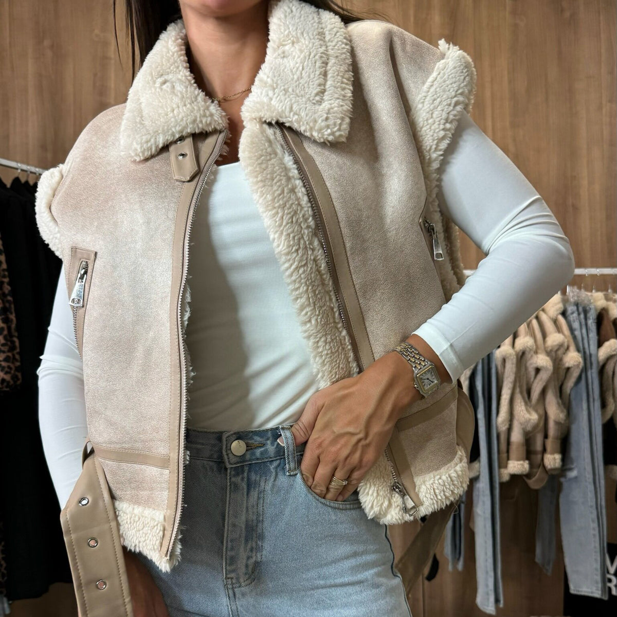 Faux Shearling Collar Aviator Vest - Apricot