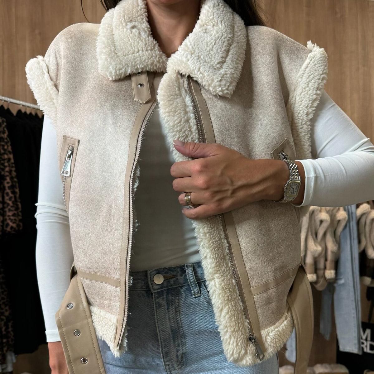 Faux Shearling Collar Aviator Vest - Apricot - 1