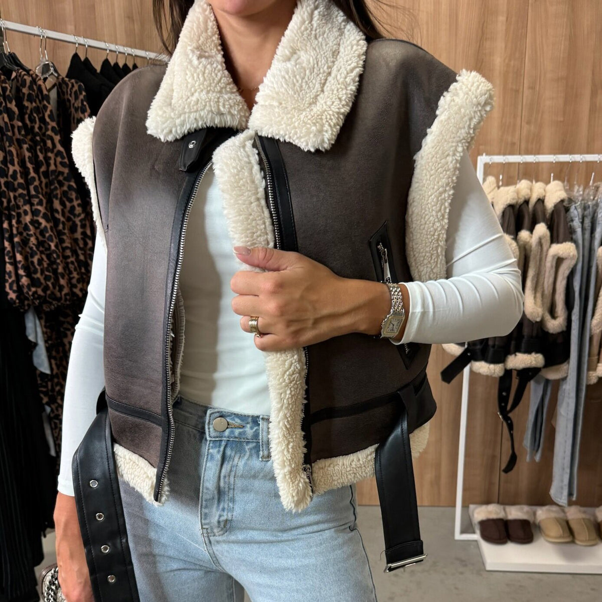 Faux Shearling Collar Aviator Vest - Black