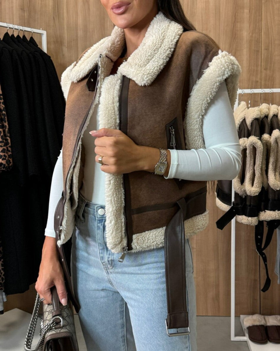 Faux Shearling Collar Aviator Vest - Brown