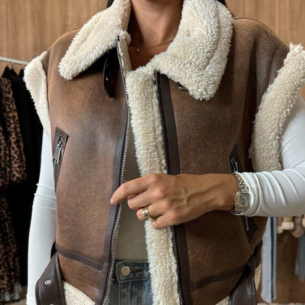 Faux Shearling Collar Aviator Vest - Brown - 1
