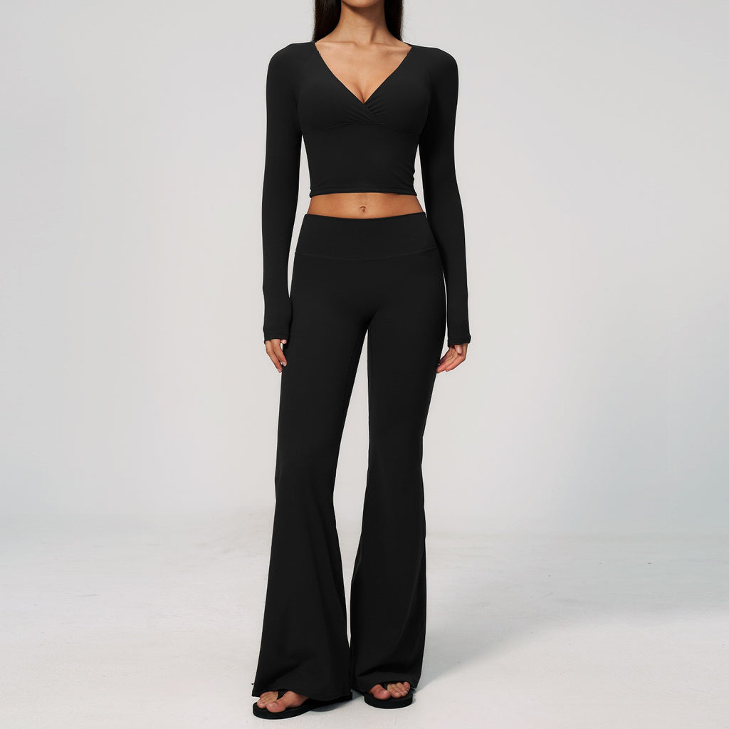Brushed Long Sleeve Crop Top Flare Leggings Yoga Set - Black