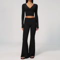 Brushed Long Sleeve Crop Top Flare Leggings Yoga Set - Black