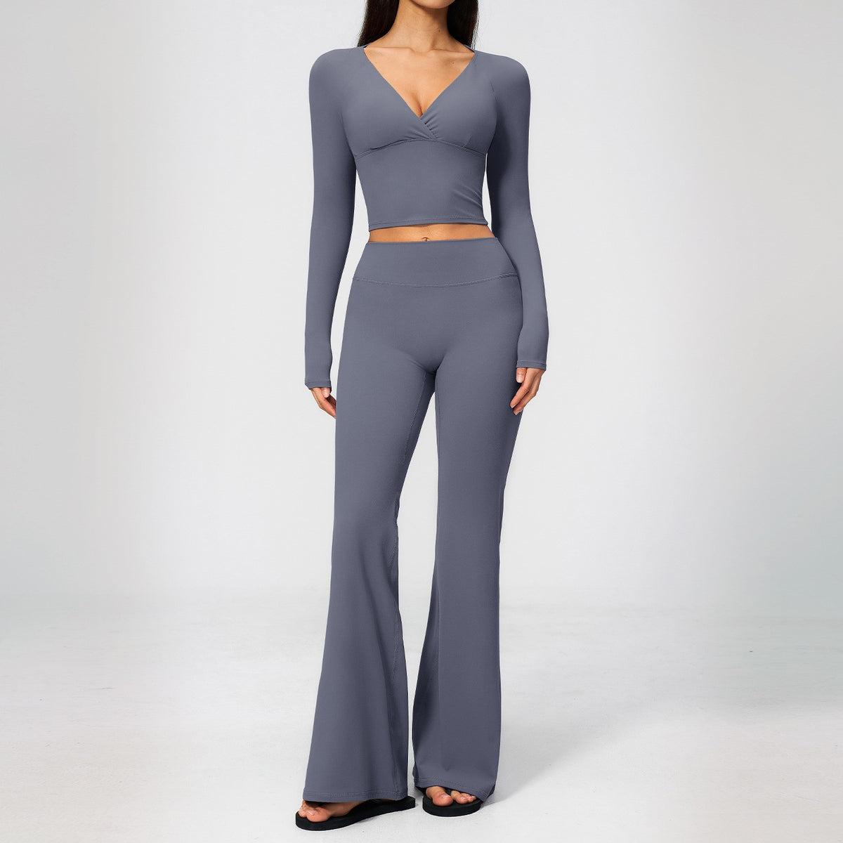 Brushed Long Sleeve Crop Top Flare Leggings Yoga Set - Haze Blue