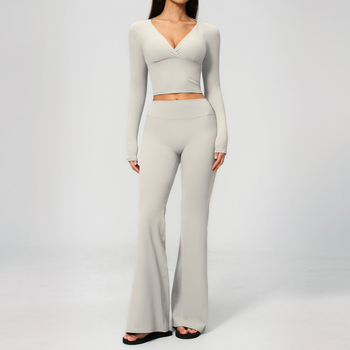 Brushed Long Sleeve Crop Top Flare Leggings Yoga Set - Pearl Gray