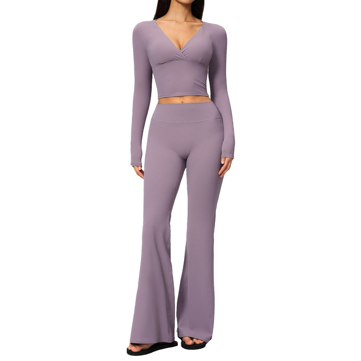 Brushed Long Sleeve Crop Top Flare Leggings Yoga Set