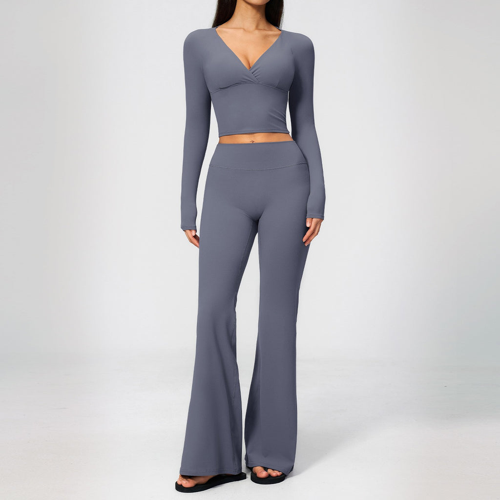 Brushed Long Sleeve Crop Top Flare Leggings Yoga Set