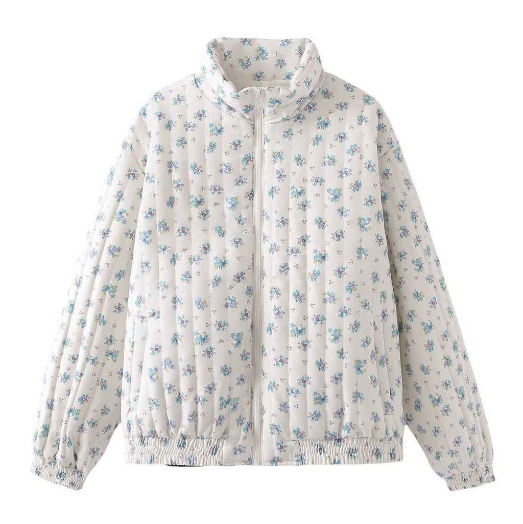 Vertical Quilted Floral Zip Jacket - White