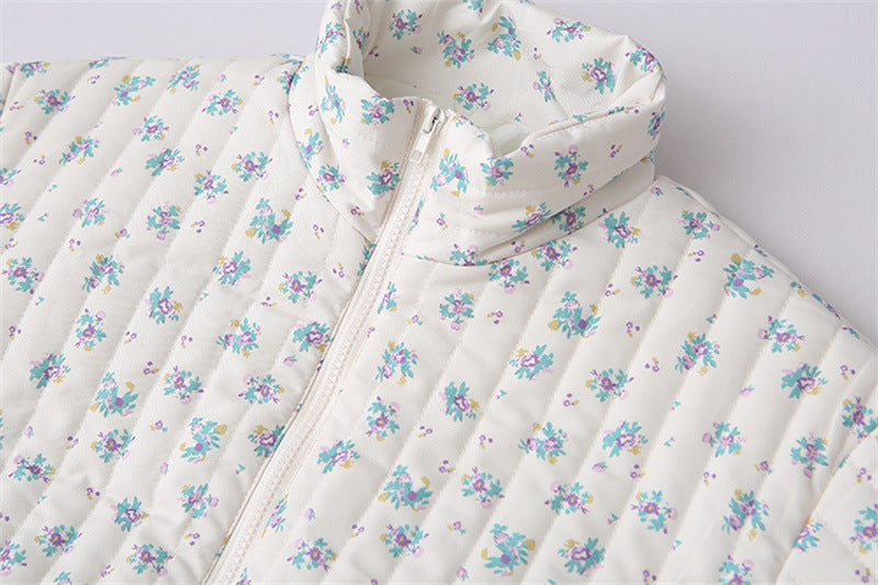 Vertical Quilted Floral Zip Jacket - White - 1