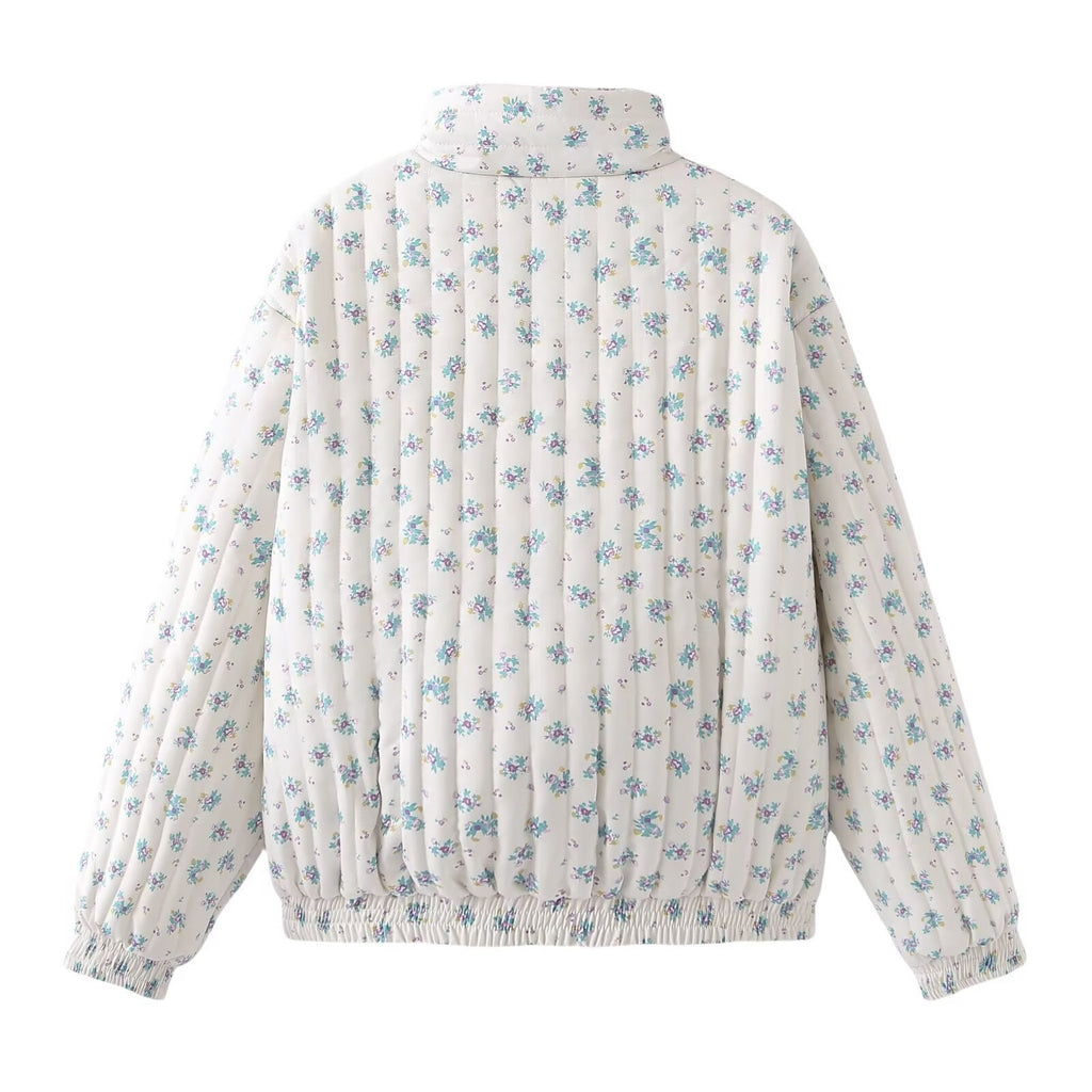 Vertical Quilted Floral Zip Jacket - White - 10