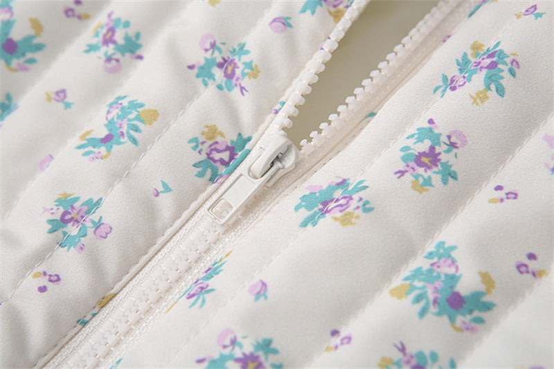 Vertical Quilted Floral Zip Jacket - White - 4