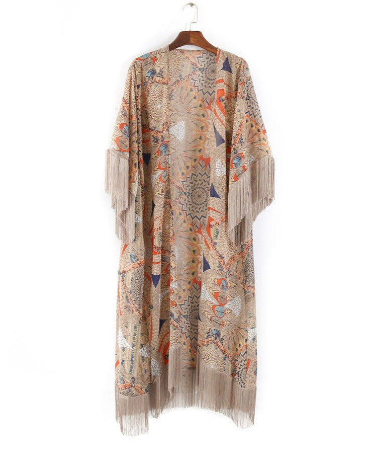 Paisley Print Fringed Longline Kimono - Khaki